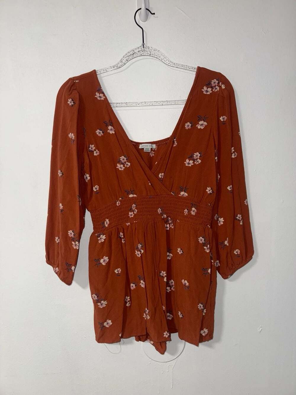 American Eagle Rust Orange Floral Long Sleeve Smocked Waist Romper